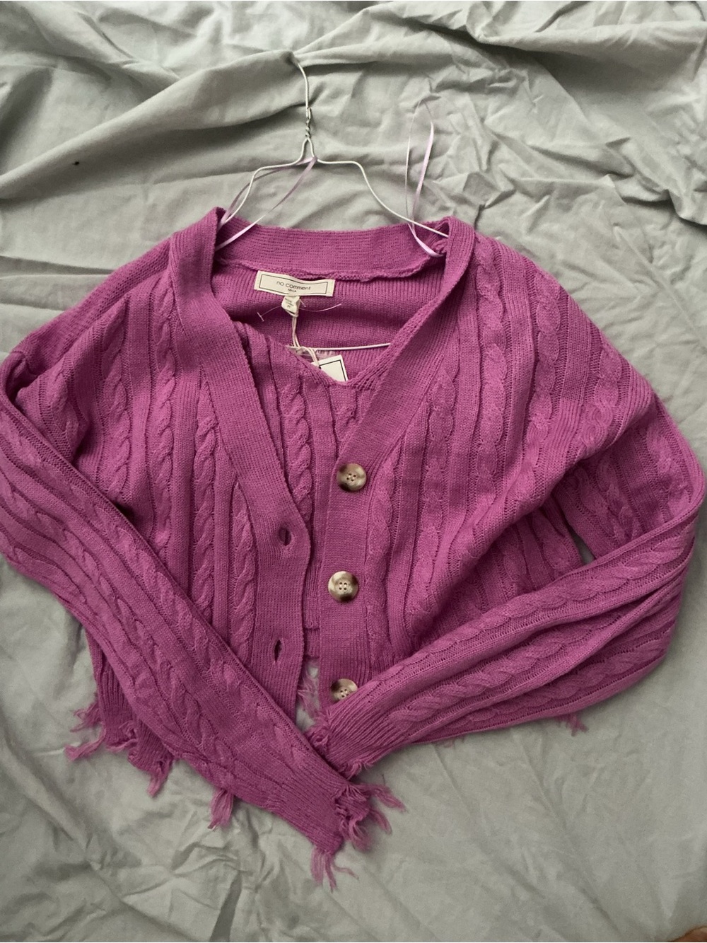 Cable Knit Distressed V-Neck Cardigan Sweater - Purple
